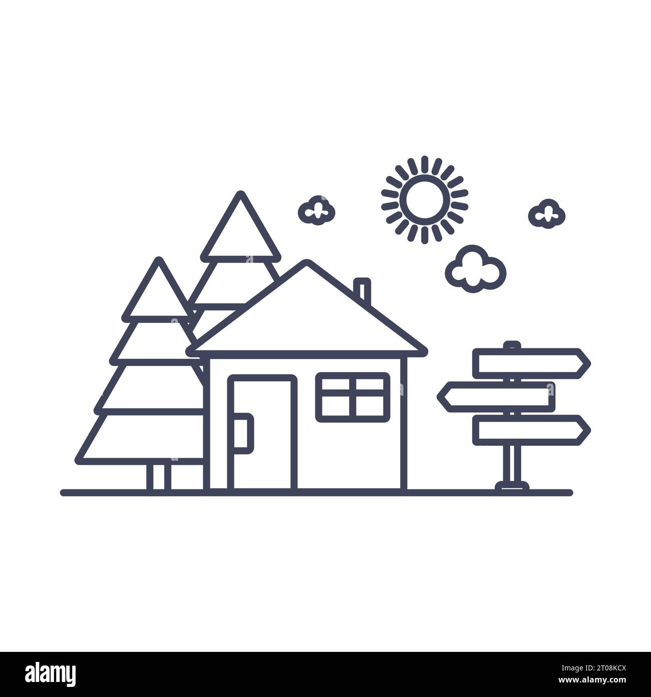 Cabine près de l'icône linéaire de la forêt. Panneau routier près du chalet sapin de Noël récréation forestière dans la nature, illustration vectorielle Illustration de Vecteur