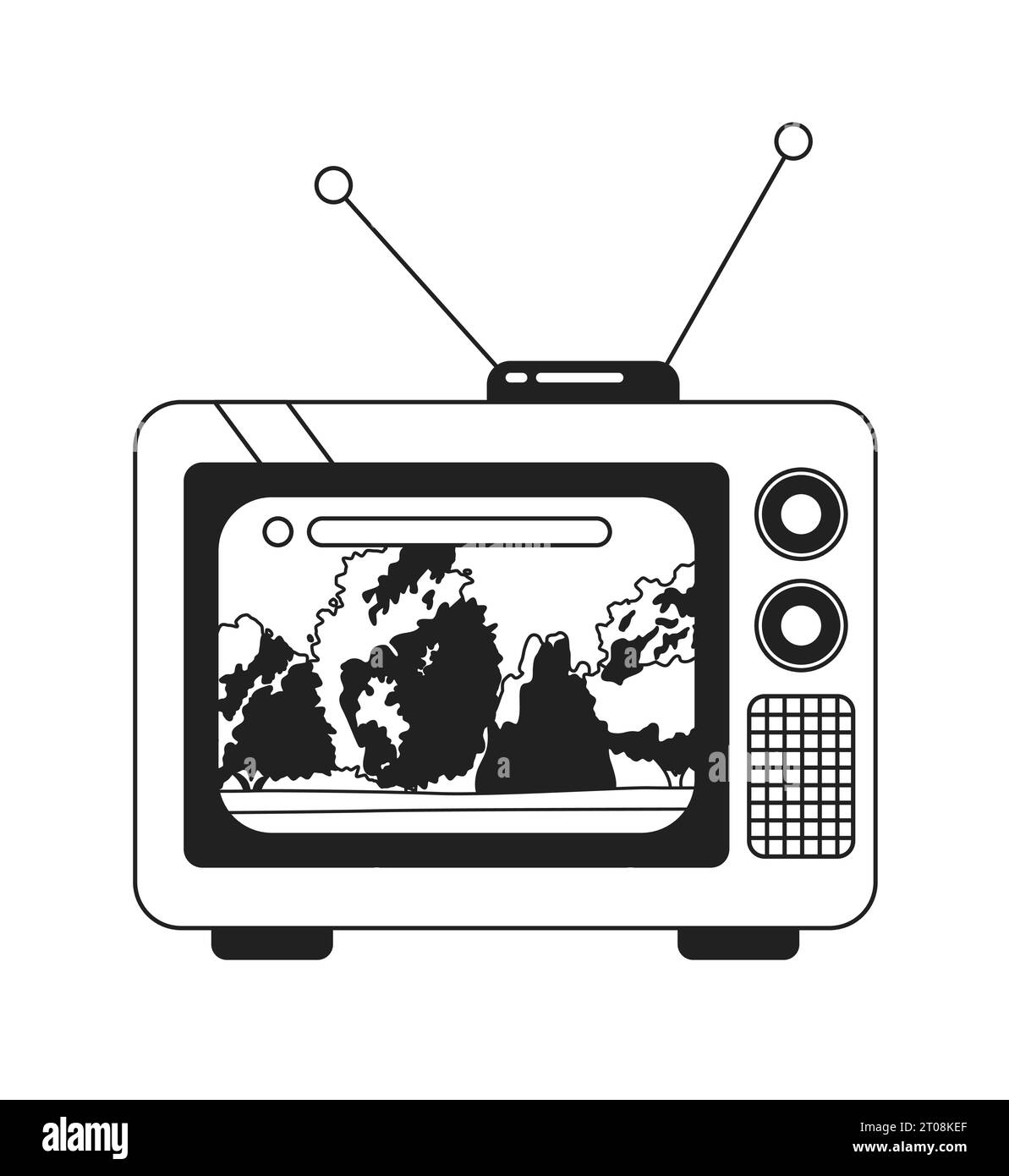 Arbres tranquilles du parc sur l'objet de dessin animé 2D noir et blanc de la télévision des années 1970 Illustration de Vecteur