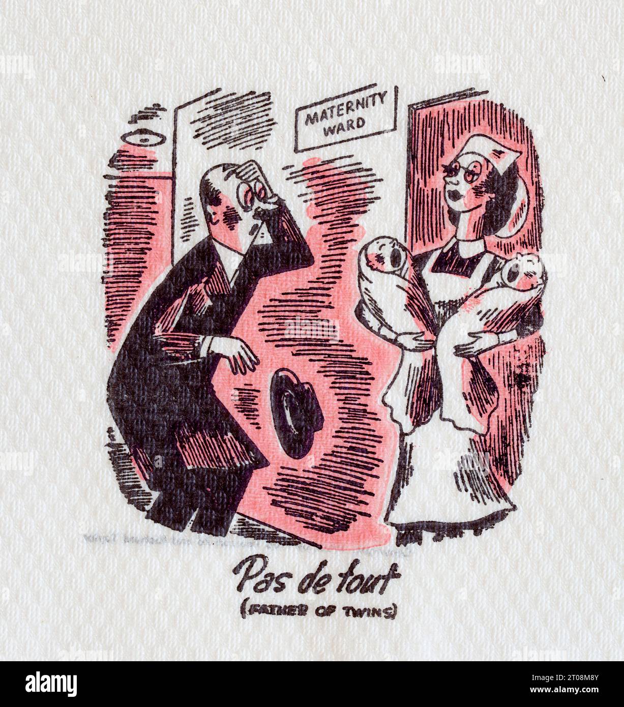 Serviette Cartoon des années 1950 - plaisanterie en français - pas de tout - Père des jumeaux Banque D'Images