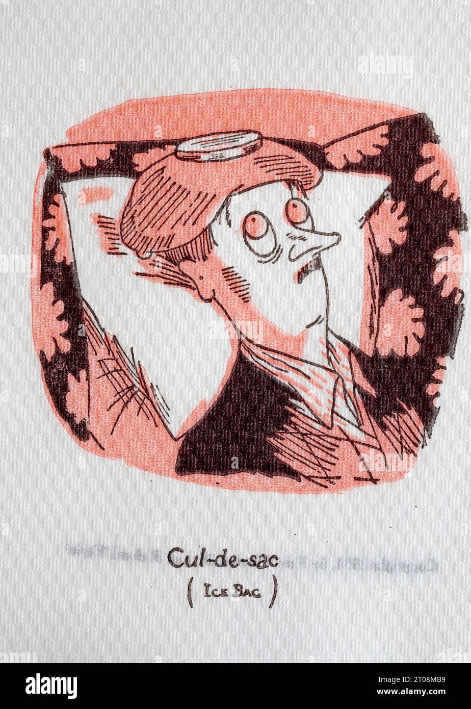 Serviette Cartoon des années 1950 - French Language Joke - cul de Sac - Ice Bag Banque D'Images