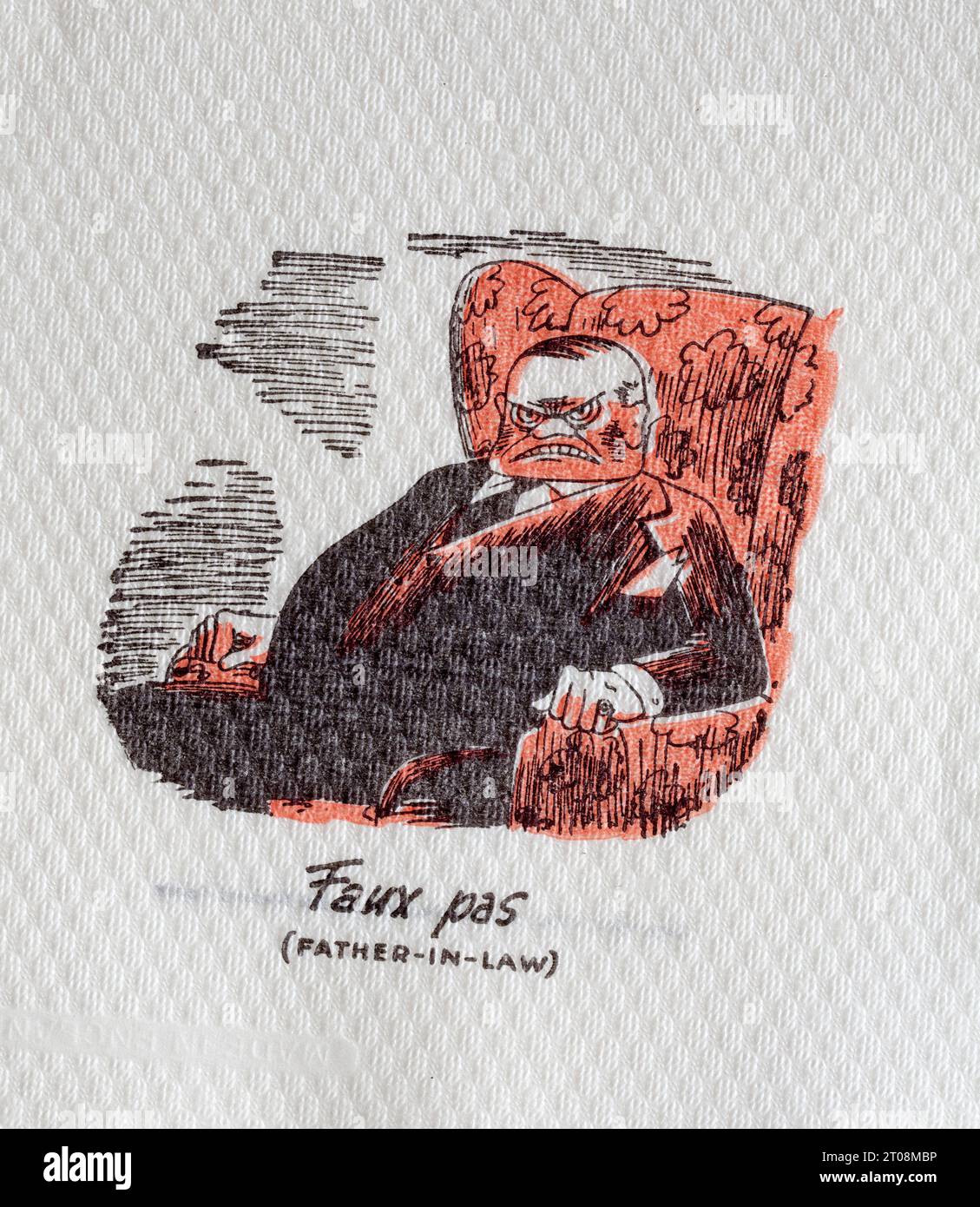 Serviette Cartoon des années 1950 - plaisanterie en langue française - Faux pas - beau-père Banque D'Images