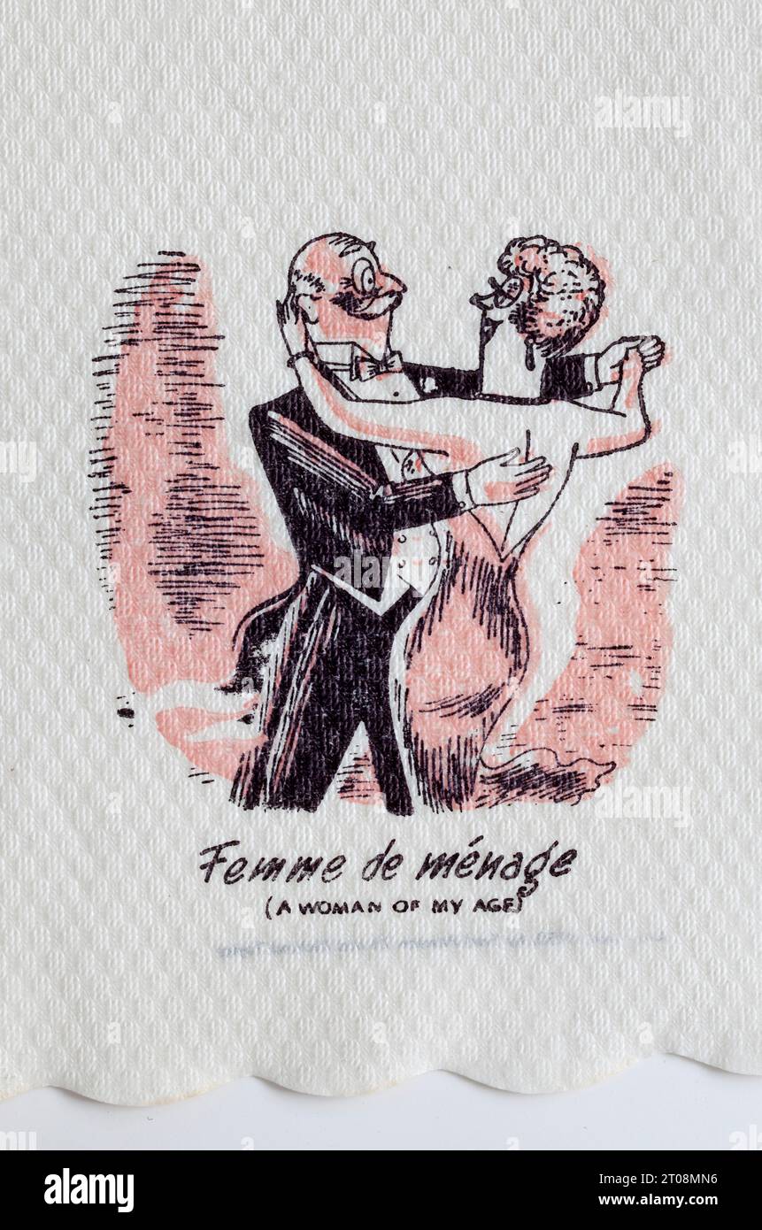1950s Cartoon Napkin - French Language Joke - Femme de Menage - A Woman of my Age Banque D'Images