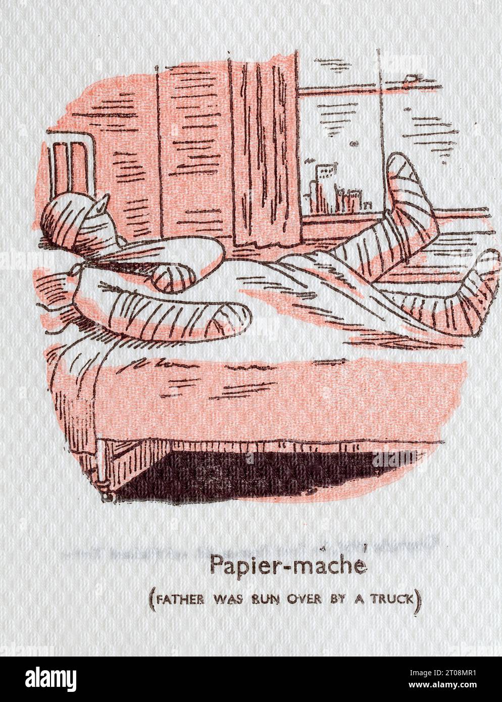 Années 1950 Cartoon Napkin - French Language Joke - papier mâche - Père a été écrasé par Un camion Banque D'Images