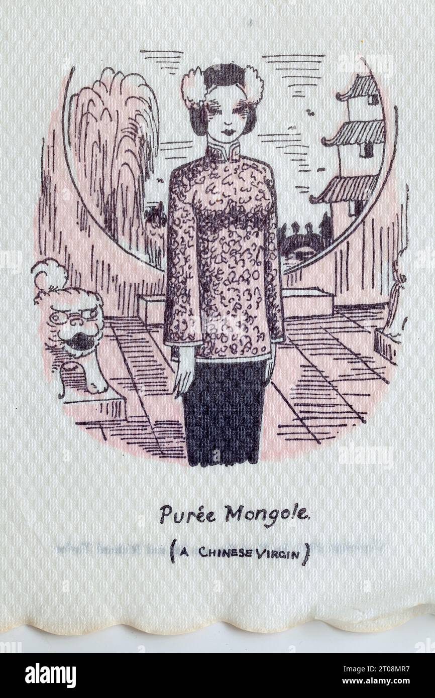 Années 1950 Cartoon Napkin - plaisanterie en langue française - Puree Mongole - Une Vierge chinoise Banque D'Images