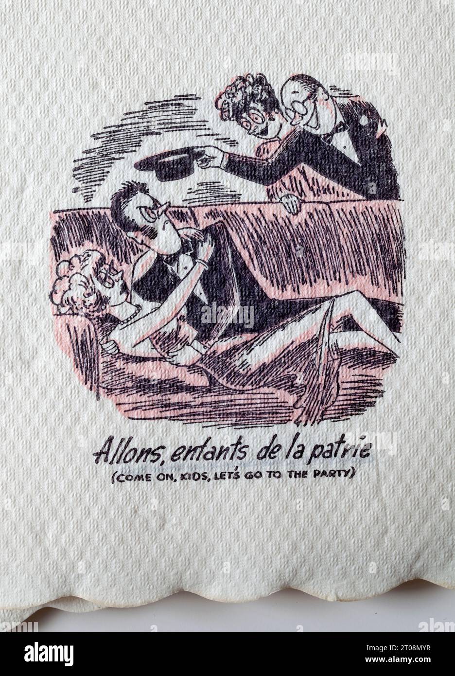 Années 1950 Cartoon Napkin - French Language Joke - allons enfants de la Patrie - Come On Kids Lets Go to the Party Banque D'Images