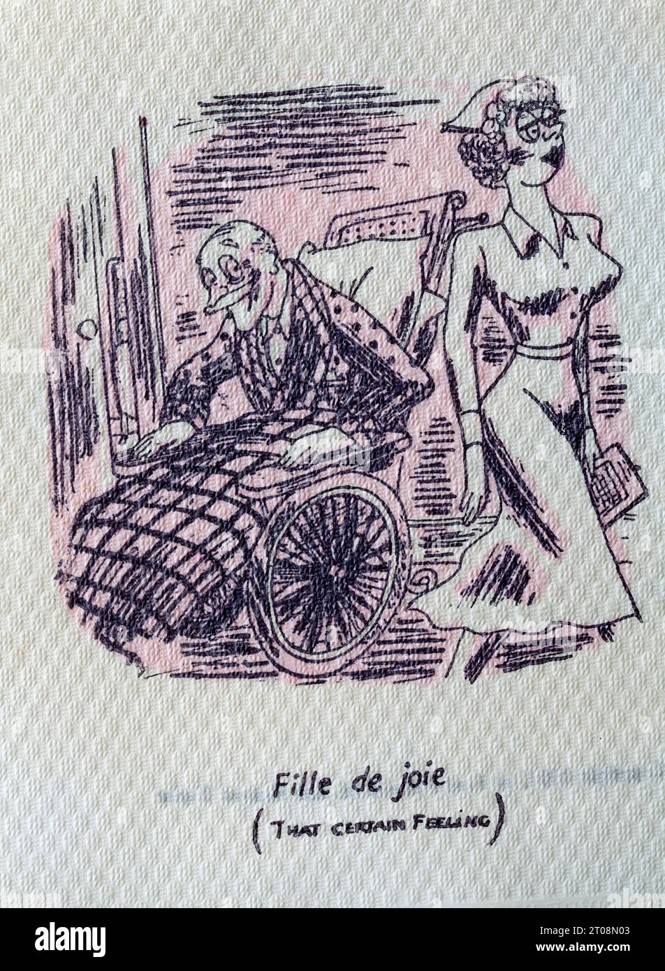 Années 1950 Cartoon Napkin - French Language Joke - fille de joie - ce sentiment certain Banque D'Images