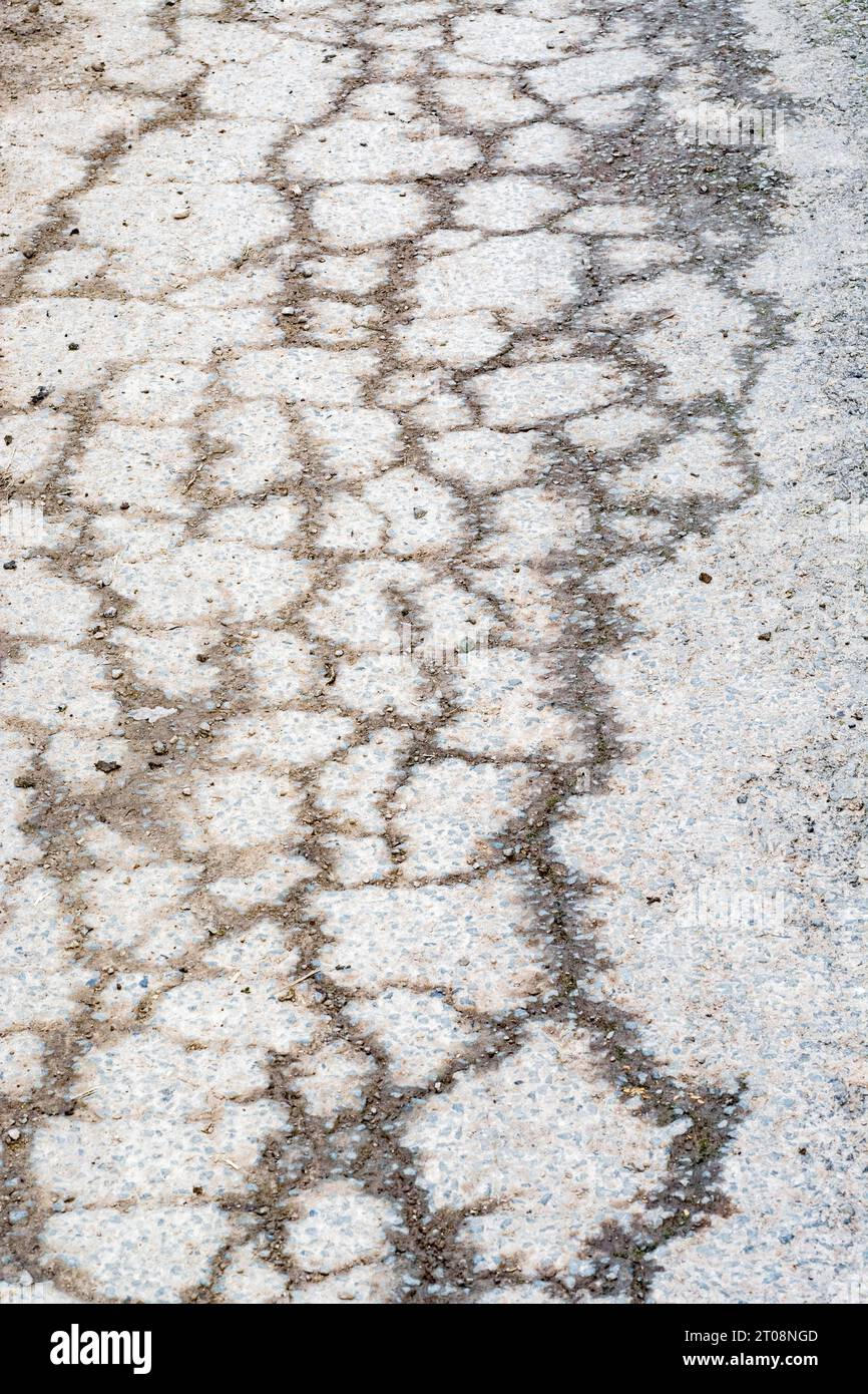 Fissures du tarmac assez fortement délimitées rendues visibles par l'infiltration d'eau de pluie dans la surface fissurée. La teinte orange provient de la terre rougeâtre dans l'eau. Banque D'Images