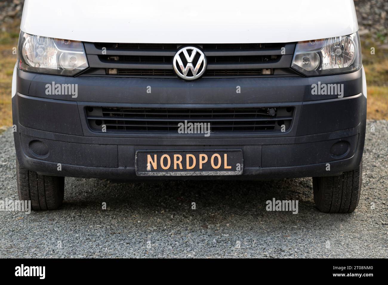 Autobus Volkswagen, plaque d'immatriculation avec l'inscription North Pole, Longyearbyen, Spitzberg, Svalbard, Norvège Banque D'Images