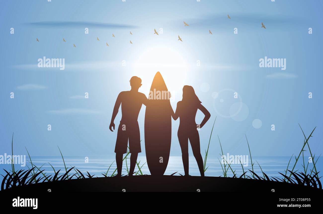 Silhouette de surfeur avec sur la plage Illustration de Vecteur