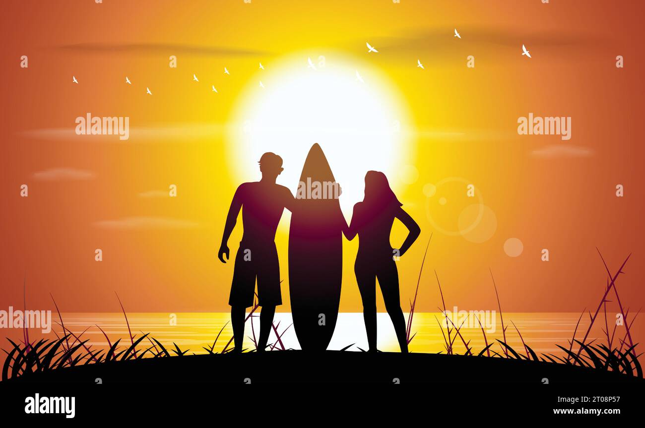 Silhouette de surfeur avec sur la plage Illustration de Vecteur
