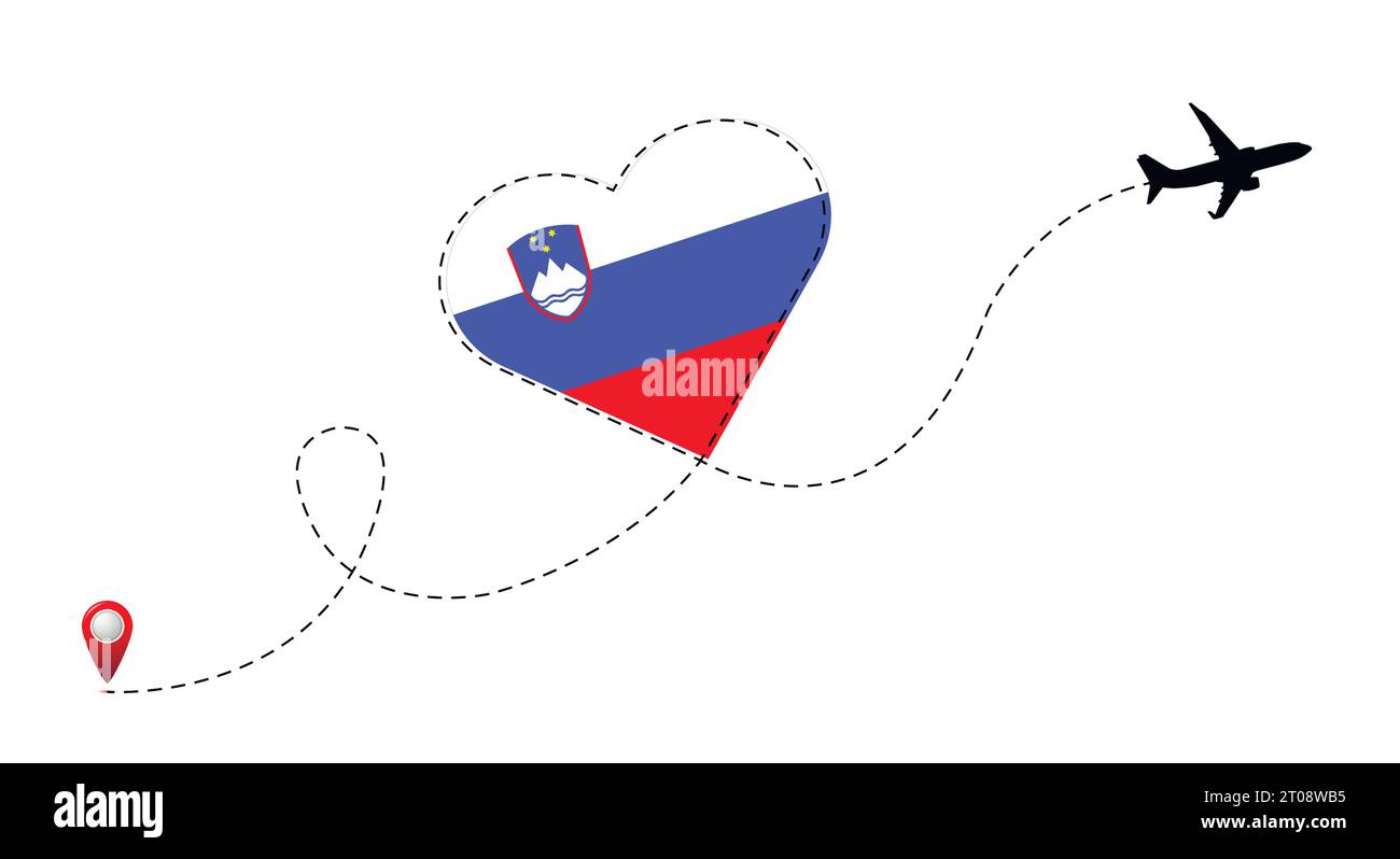 Itinéraire de vol d'avion avec drapeau de Slovénie à l'intérieur du cœur. Illustration de Vecteur