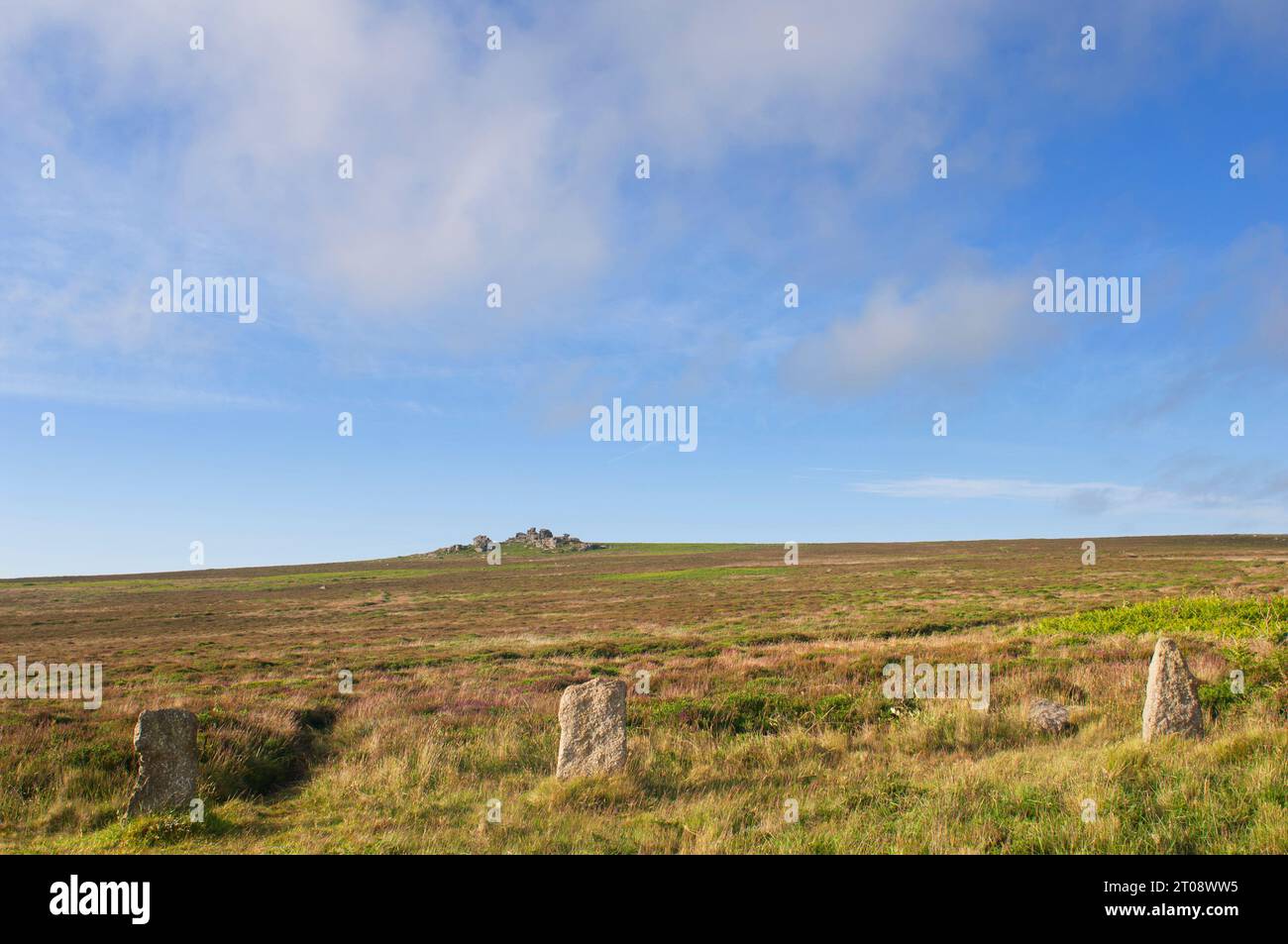 Partie de Tregeasal Stone Circle avec Carn Kenidjack au loin - John Gollop Banque D'Images