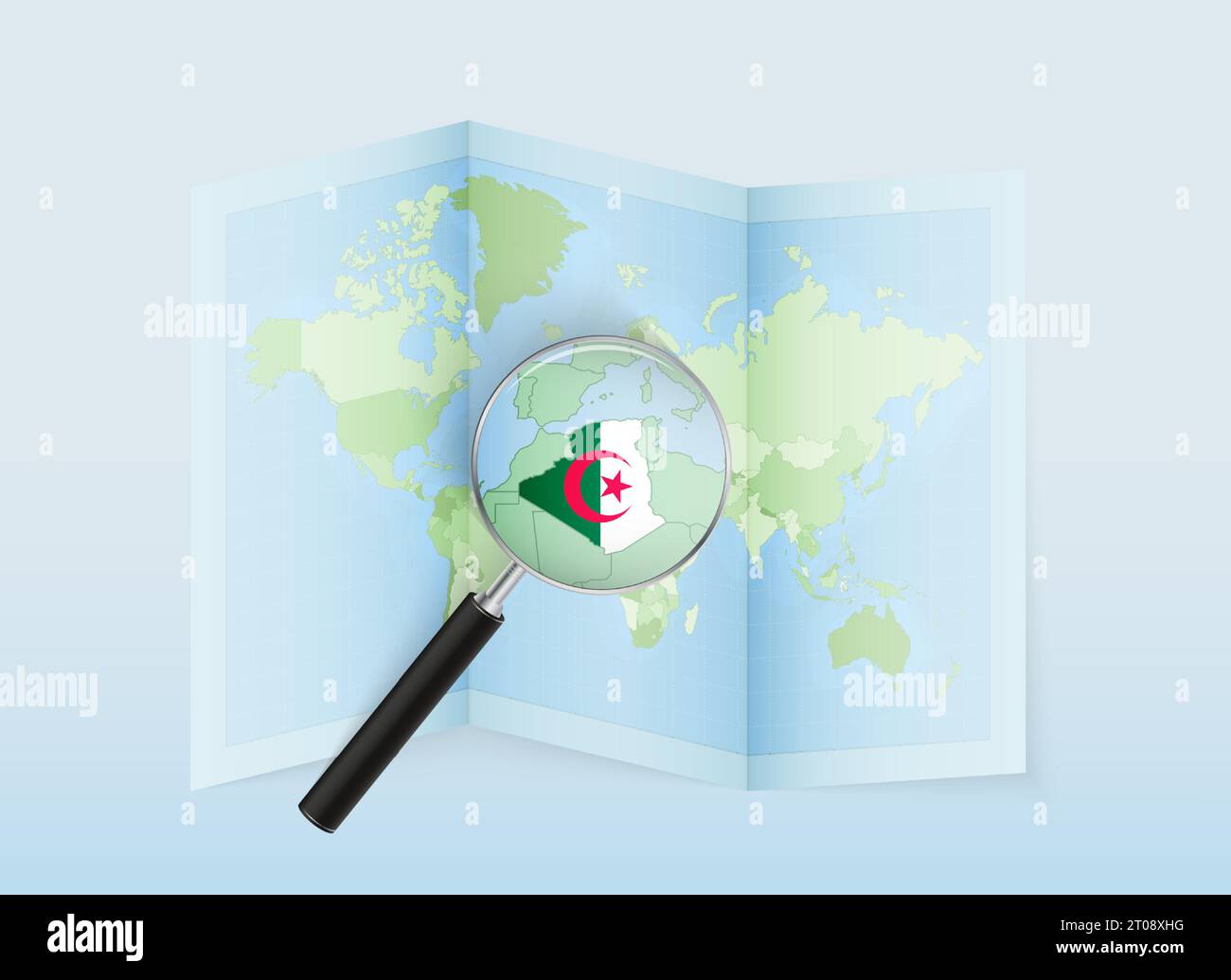 Une carte du monde pliée avec une loupe pointant vers l'Algérie. Carte et drapeau de l'Italie en loupe. Illustration vectorielle dans le ton de couleur bleue. Illustration de Vecteur