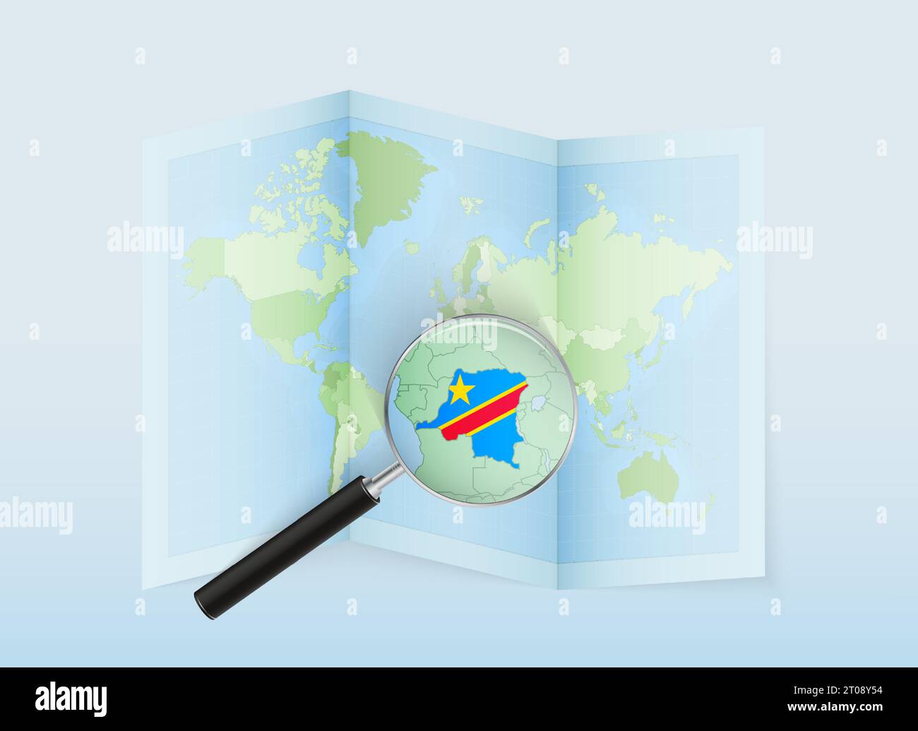 Une carte du monde pliée avec une loupe pointant vers la RD Congo. Carte et drapeau de l'Italie en loupe. Illustration vectorielle dans le ton de couleur bleue. Illustration de Vecteur