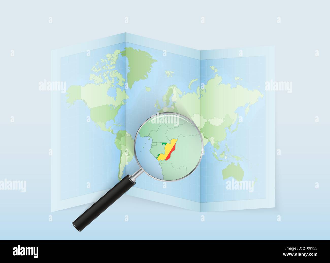 Une carte du monde pliée avec une loupe pointant vers le Congo. Carte et drapeau de l'Italie en loupe. Illustration vectorielle dans le ton de couleur bleue. Illustration de Vecteur