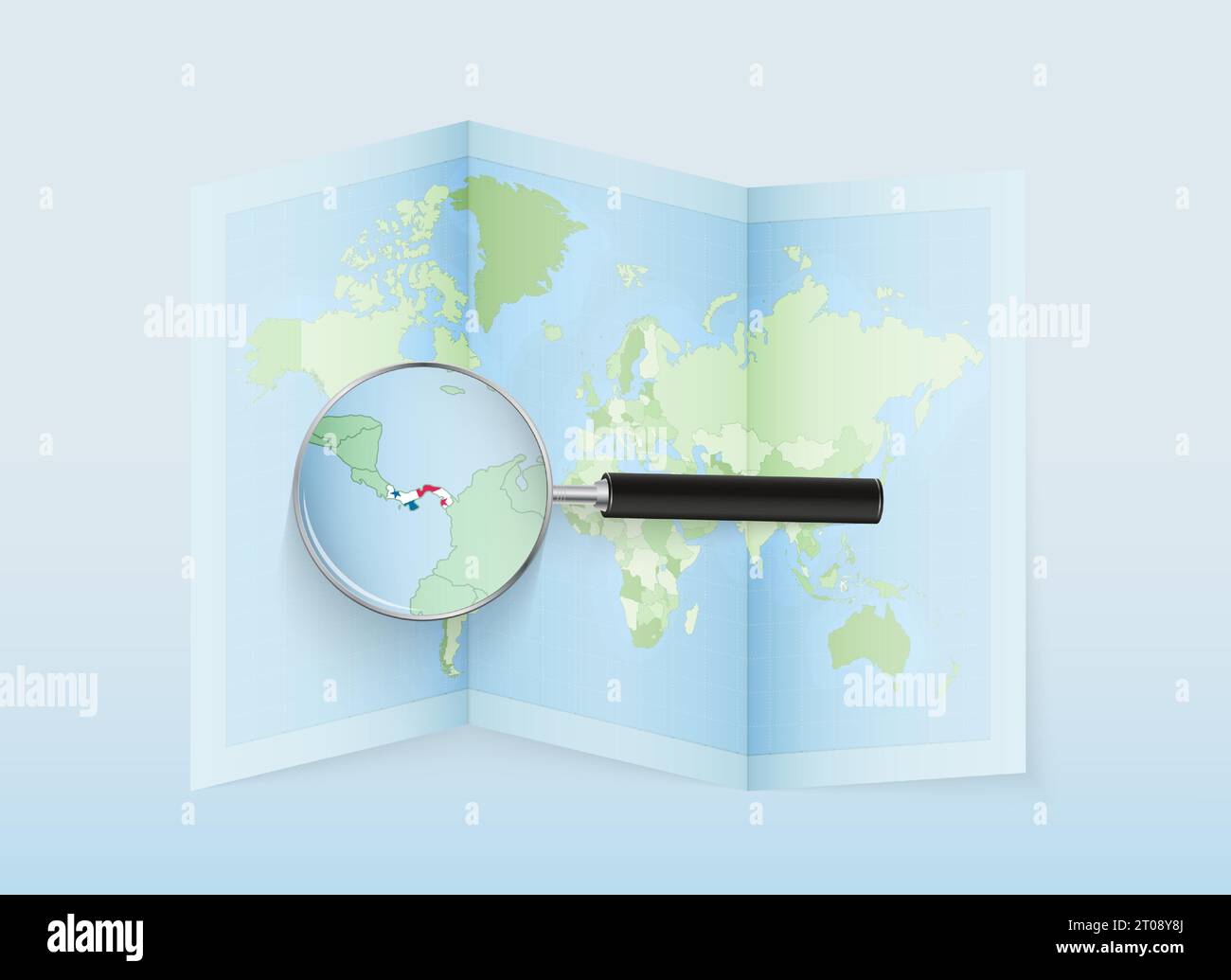 Une carte du monde pliée avec une loupe pointant vers Panama. Carte et drapeau de l'Italie en loupe. Illustration vectorielle dans le ton de couleur bleue. Illustration de Vecteur
