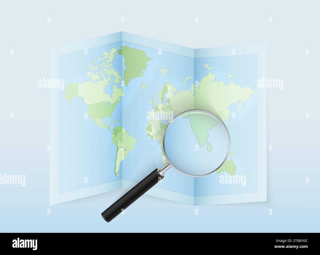 Une carte du monde pliée avec une loupe pointant vers les Maldives. Carte et drapeau de l'Italie en loupe. Illustration vectorielle dans le ton de couleur bleue. Illustration de Vecteur