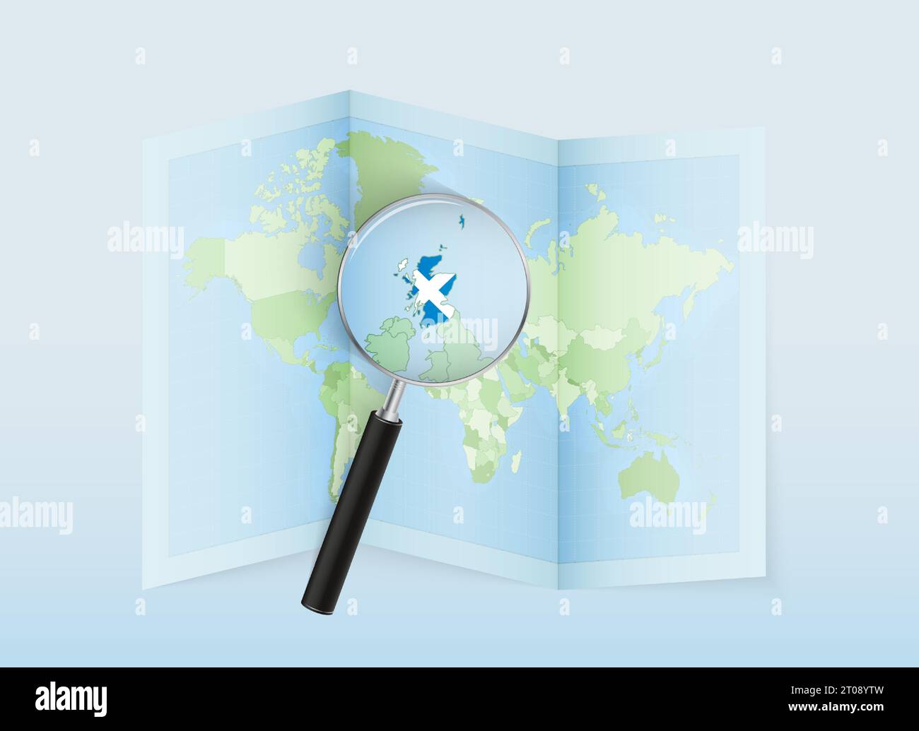 Une carte du monde pliée avec une loupe pointant vers l'Écosse. Carte et drapeau de l'Italie en loupe. Illustration vectorielle dans le ton de couleur bleue. Illustration de Vecteur