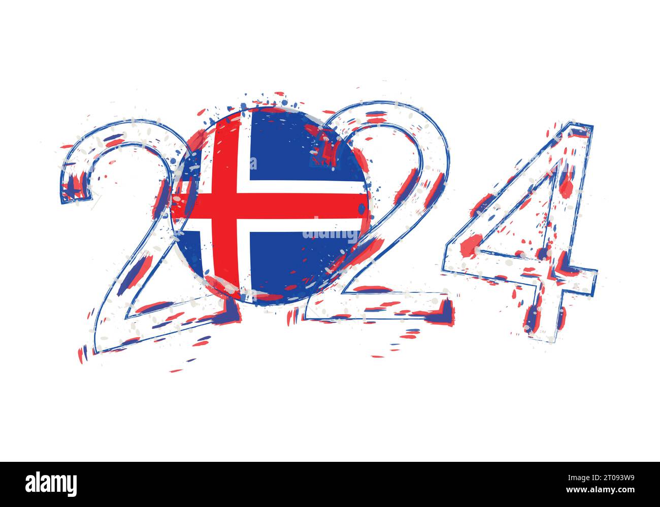 2024 année dans le style grunge avec drapeau de l'Islande. Illustration vectorielle grunge de vacances. Illustration de Vecteur