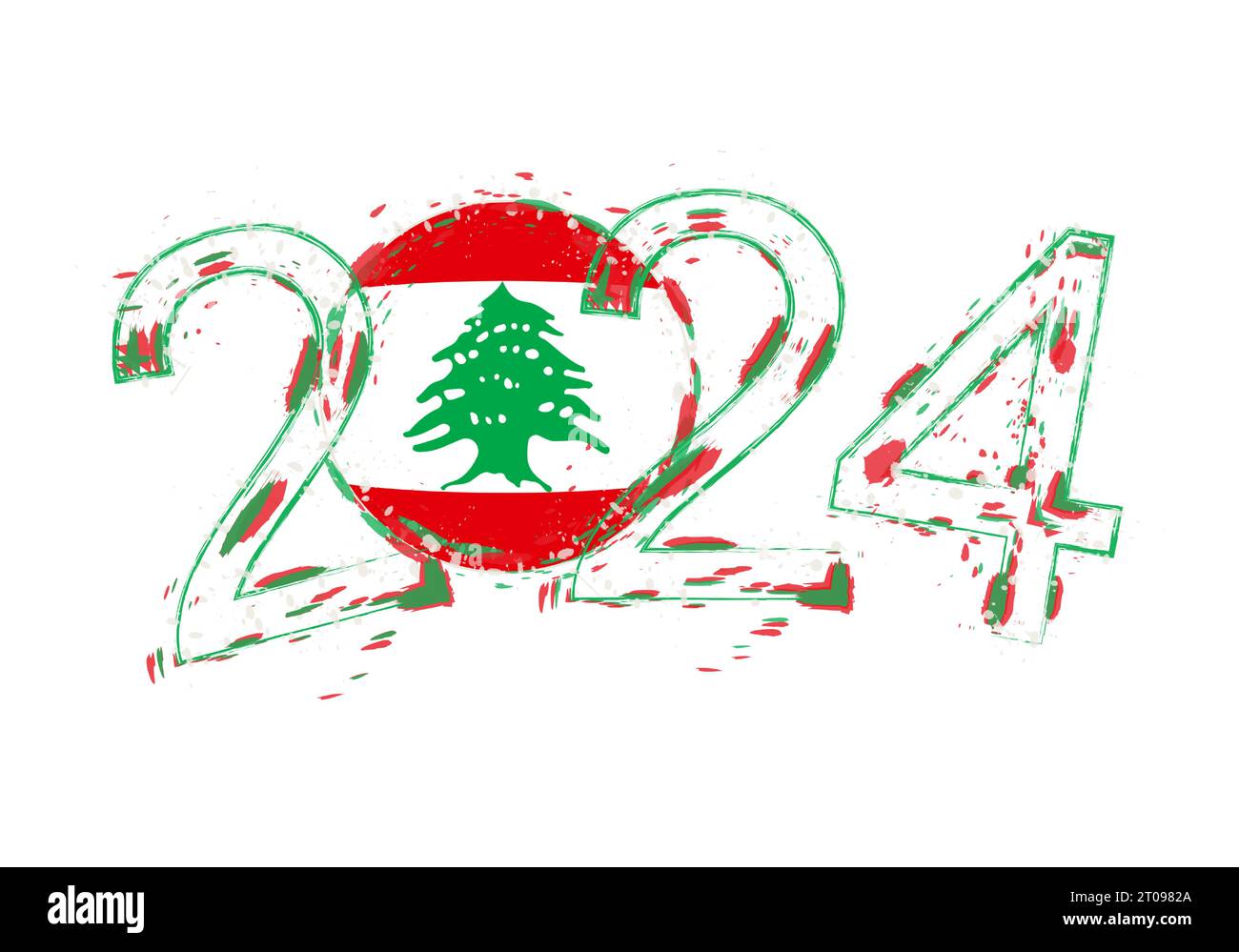 2024 année en style grunge avec drapeau du Liban. Illustration vectorielle grunge de vacances. Illustration de Vecteur