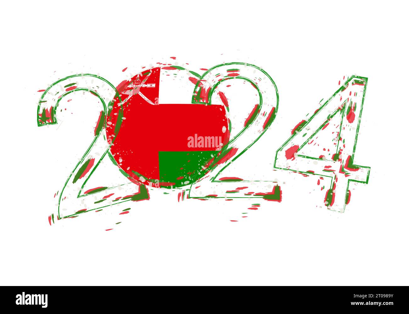 2024 année dans le style grunge avec drapeau d'Oman. Illustration vectorielle grunge de vacances. Illustration de Vecteur