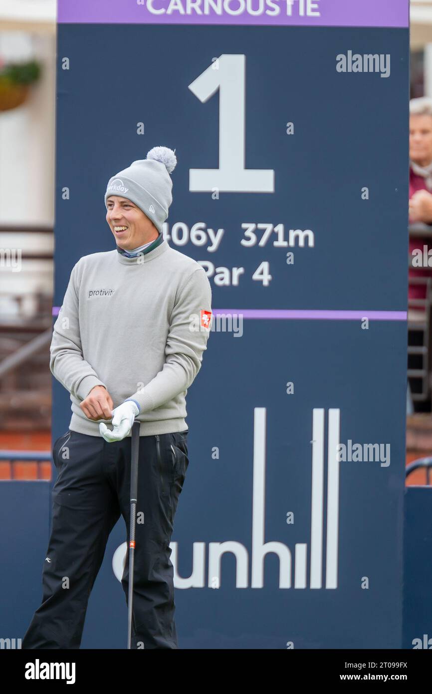 Carnoustie, Écosse. 5 octobre 2023. Matt Fitzpatrick riant le jour 1 du Alfred Dunhill Links Championship 2023. Crédit : Tim Gray/Alamy Live News Banque D'Images