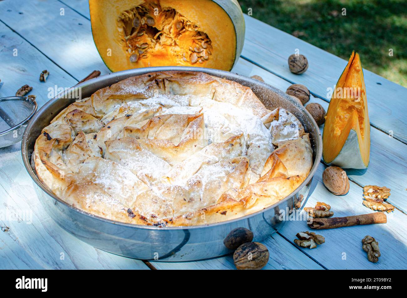 Tarte à la citrouille aux noix saupoudrée de sucre en poudre Banque D'Images