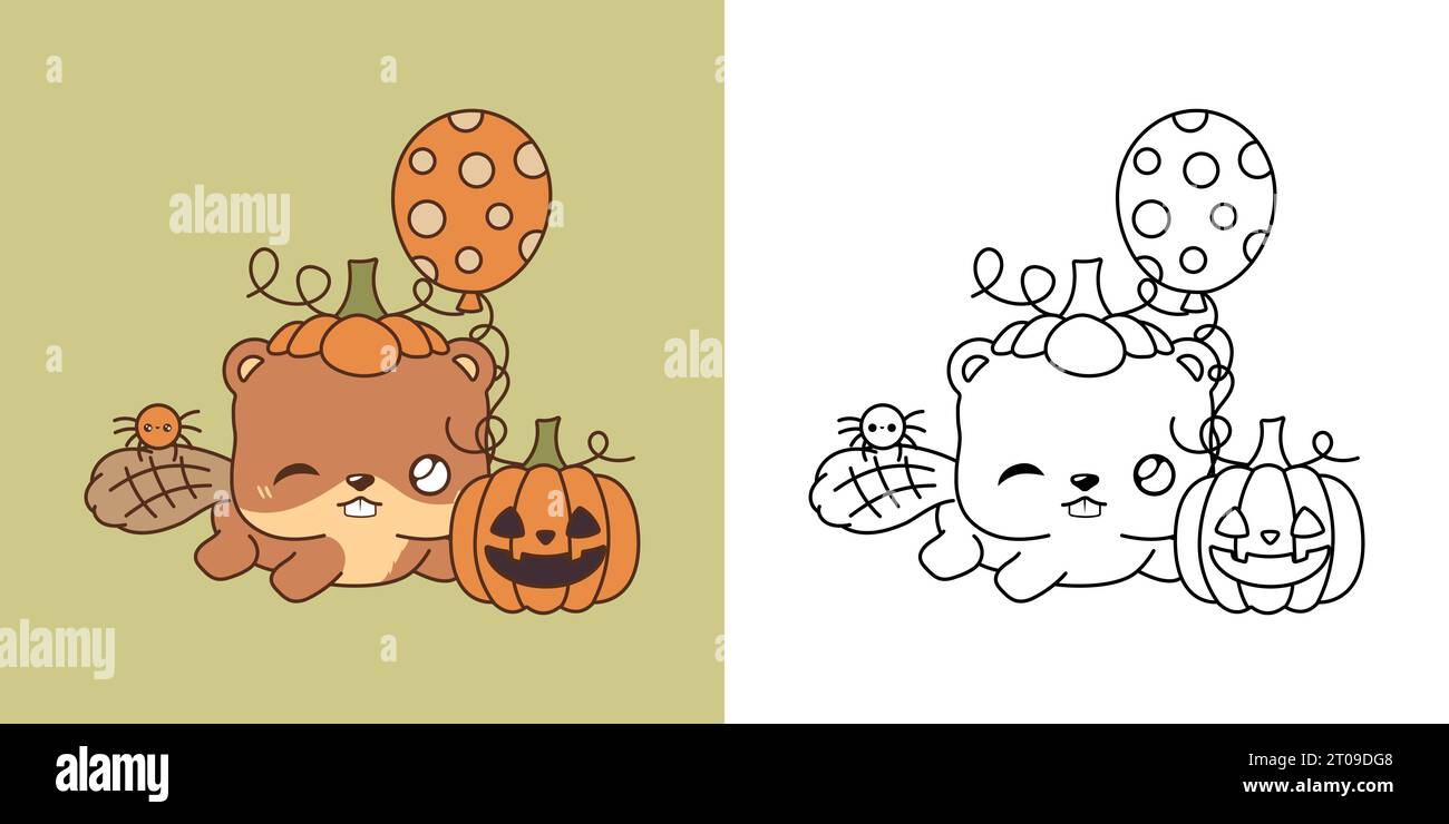 Mignon Halloween Beaver Illustration et pour Coloriage page. Dessin animé clip Art Halloween Forest Animal Illustration de Vecteur