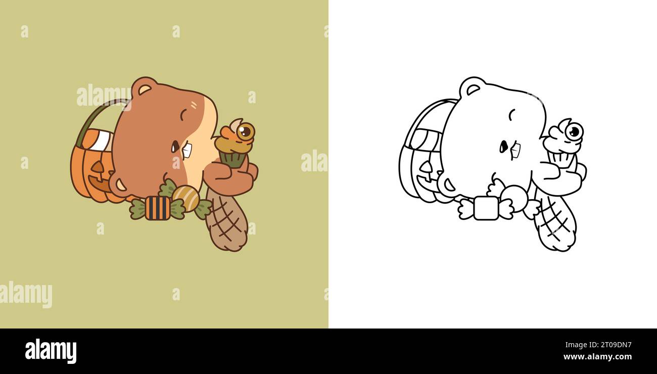 Mignon Halloween Beaver Illustration et pour Coloriage page. Dessin animé clip Art Halloween Forest Animal. Illustration de Vecteur