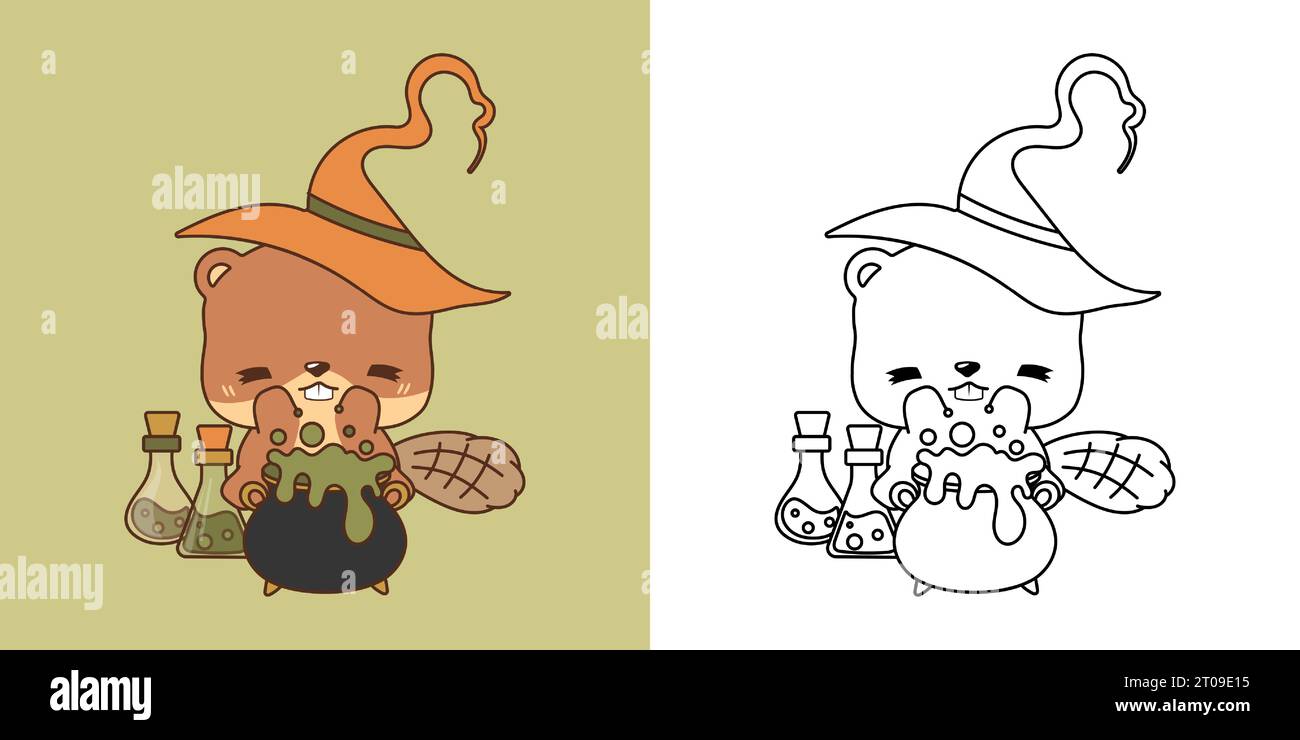 Kawaii Clipart Halloween Beaver Illustration et pour Coloriage page. Drôle Kawaii Halloween Animal Illustration de Vecteur