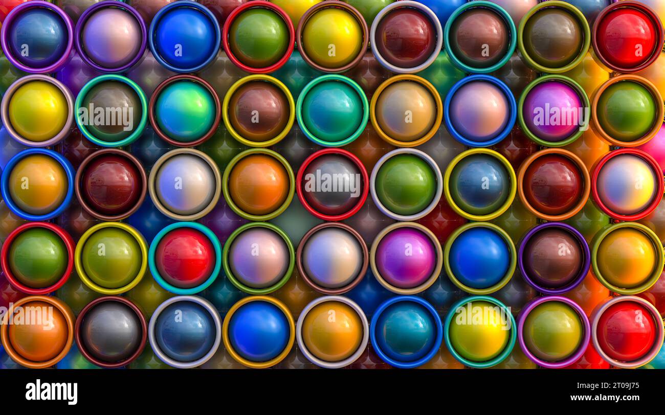 fond multicolore avec sphères et cylindres métalliques. rendu 3d. Banque D'Images
