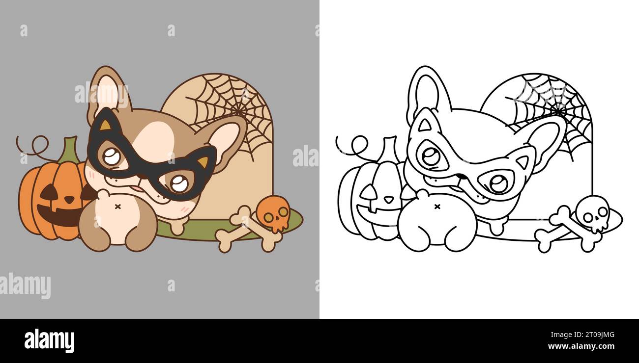 Dessin animé Halloween French Bulldog Dog Clipart pour la page à colorier et l'illustration. Illustration de Vecteur