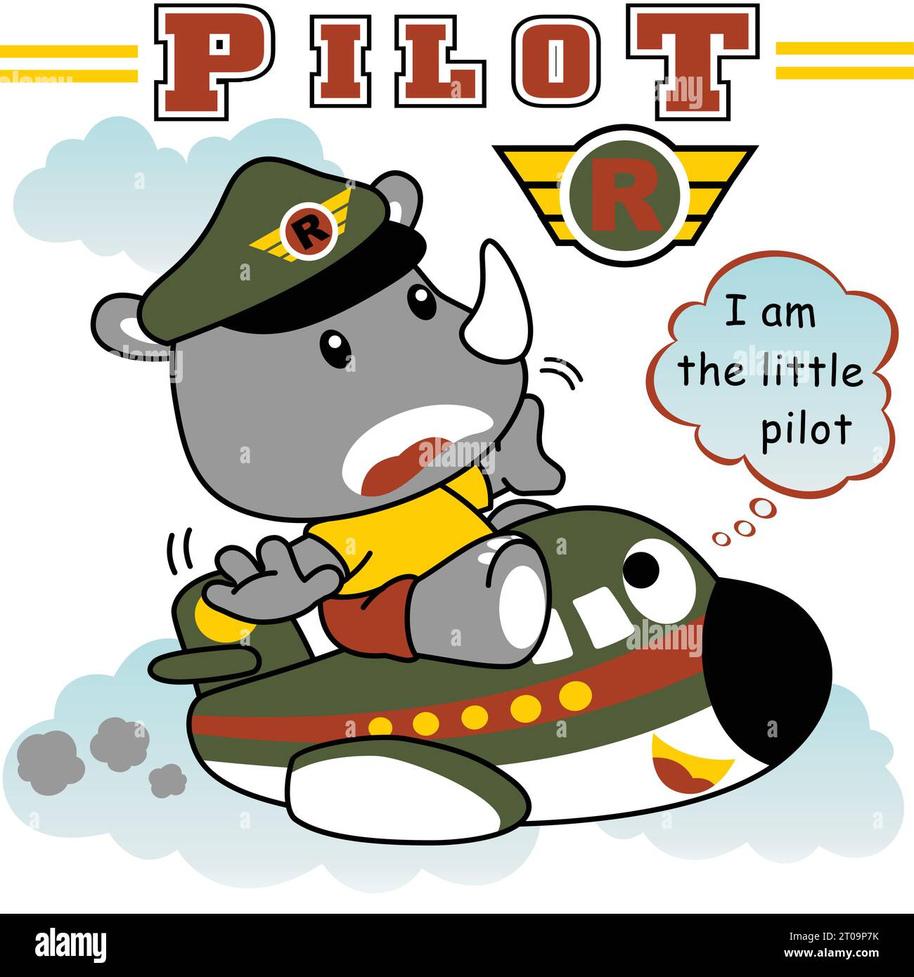 Rhinocéros mignon avec chapeau de pilote sur un avion, illustration de dessin animé vectoriel Illustration de Vecteur