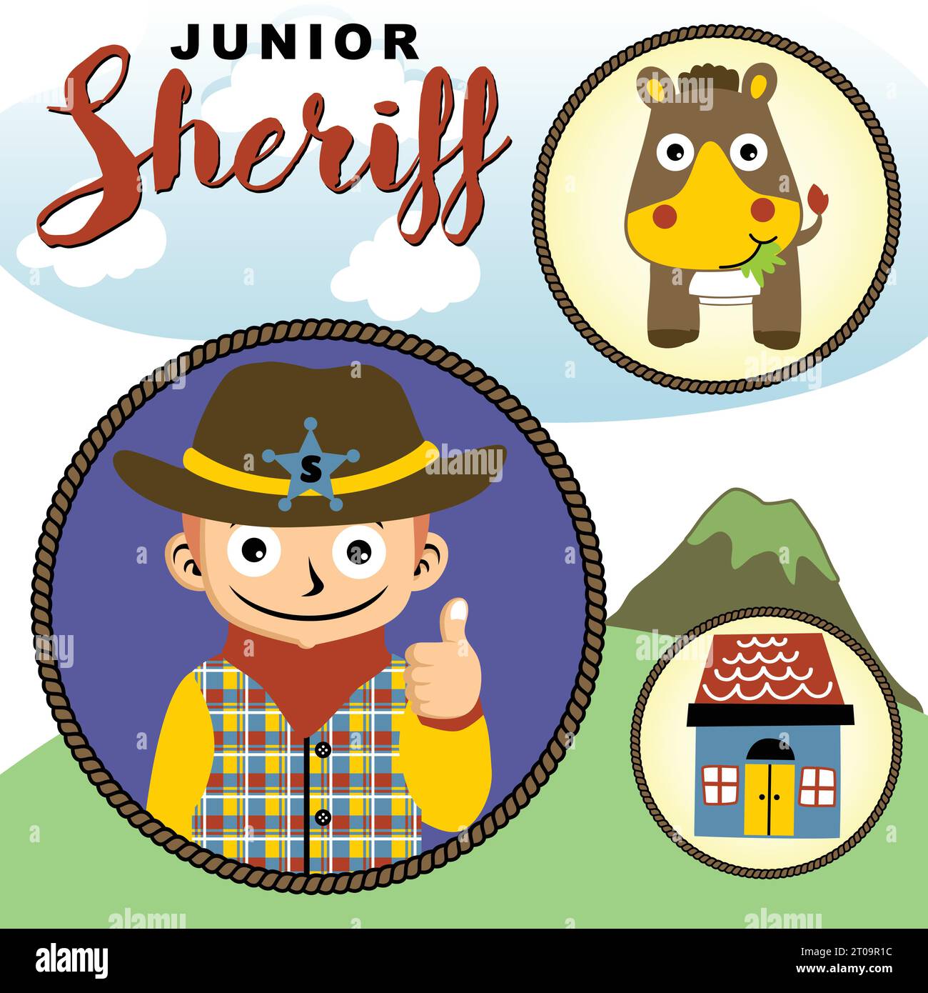Drôle jeune garçon en costume de shérif avec cheval mignon et maison, illustration de dessin animé vectoriel Illustration de Vecteur