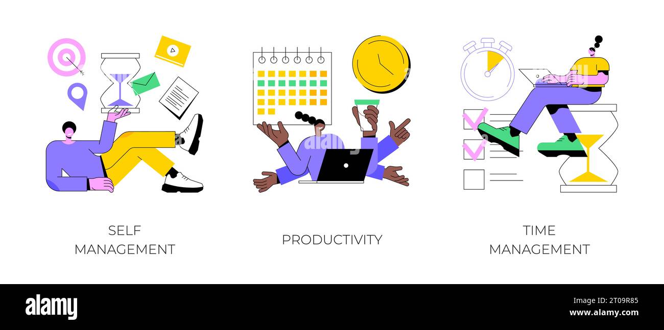 Ensemble d'illustrations vectorielles abstraites de performance des employés et d'auto-organisation. Gestion de soi et du temps, productivité, logiciel de motivation, planification d'emploi efficace, métaphore abstraite de contrôle. Illustration de Vecteur