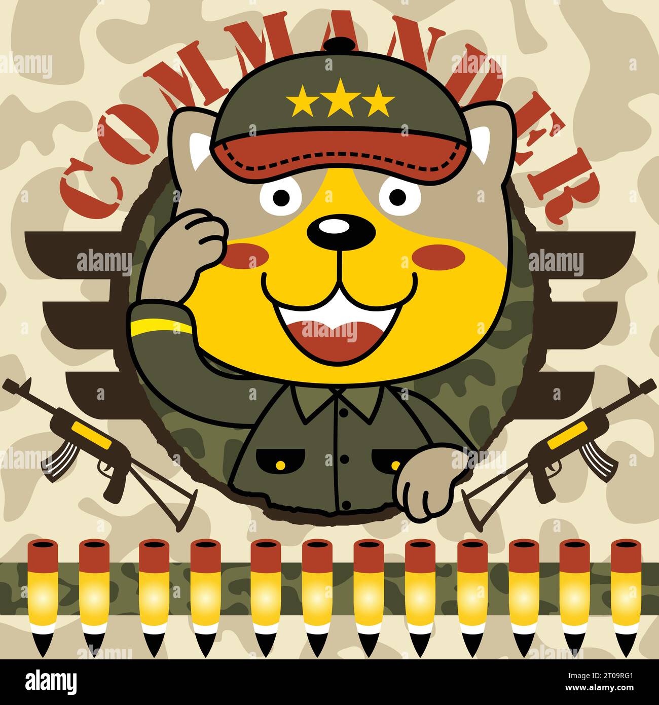 Chat drôle en uniforme de soldat sur fond de camouflage, illustration de dessin animé vectoriel Illustration de Vecteur