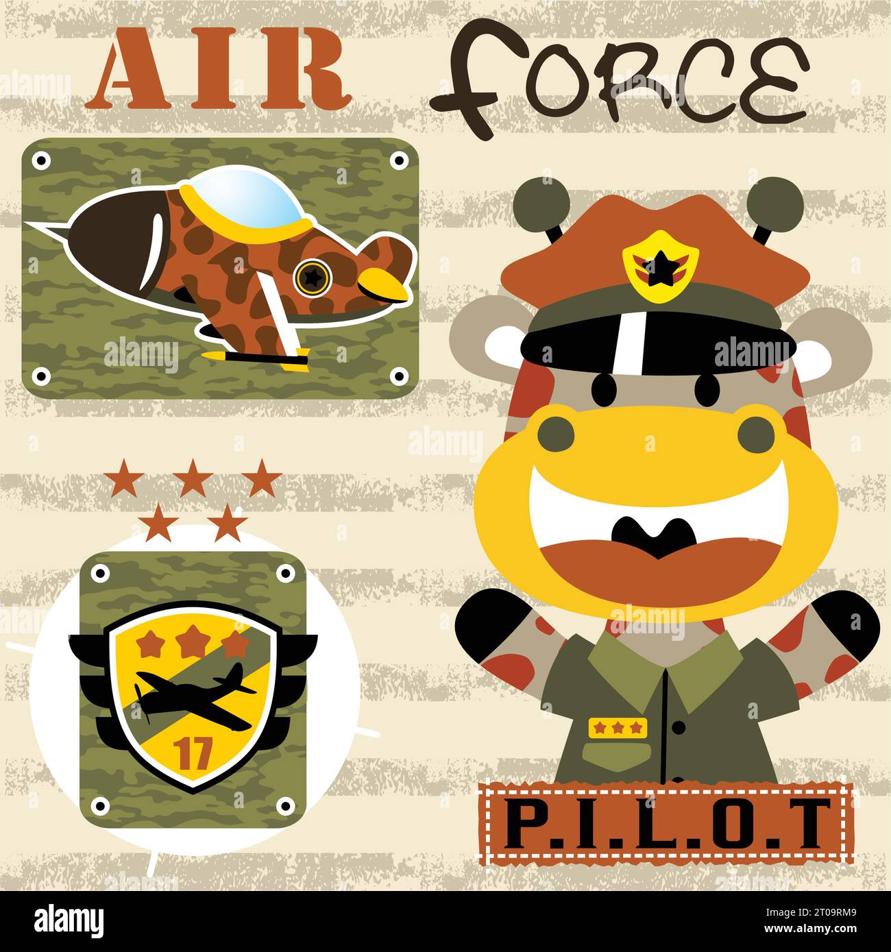 Girafe drôle en uniforme de pilote, élément de force aérienne, illustration de dessin animé vectoriel Illustration de Vecteur