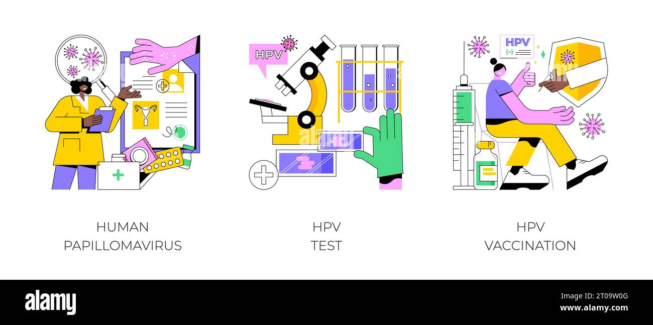 Ensemble d'illustrations vectorielles abstraites de concept d'infection par le VPH. Virus du papillome humain, test et vaccination contre le VPH, diagnostic précoce du cancer du col utérin, échantillon de laboratoire, métaphore abstraite de dépistage du virus. Illustration de Vecteur Ensemble d'illustrations vectorielles abstraites de concept d'infection par le VPH. Virus du papillome humain, test et vaccination contre le VPH, diagnostic précoce du cancer du col utérin, échantillon de laboratoire, métaphore abstraite de dépistage du virus. Illustration de Vecteur