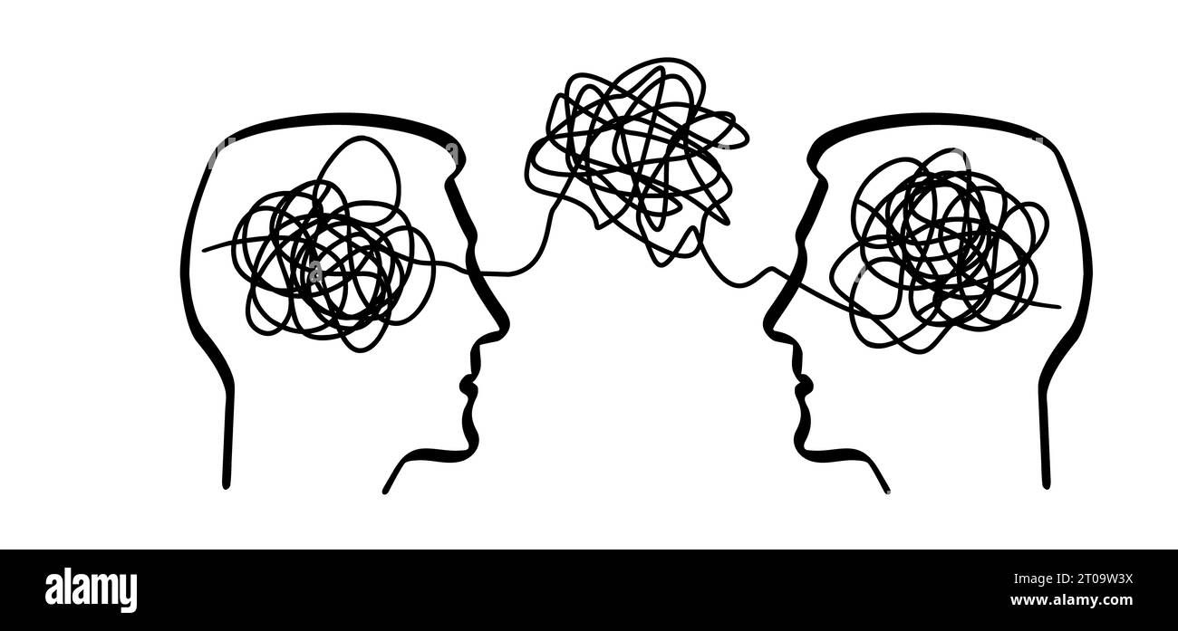 Brainstorming de dessins animés et résolution de problèmes mentaux, concept de psychothérapie. Confusion complète et totale ou manque d'ordre. Cerveaux avec nœud enchevêtré et o Banque D'Images