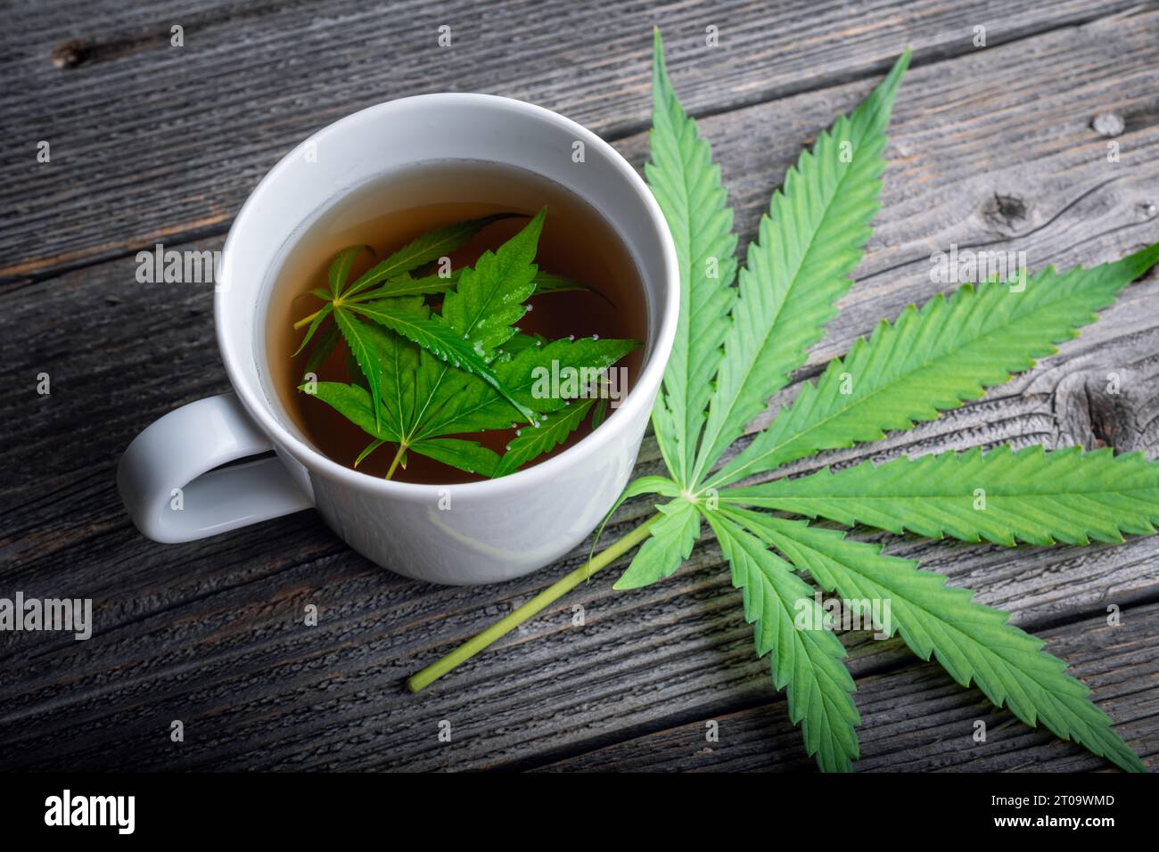 Thé au cannabis avec des feuilles de marijuana verte sur une table en bois. Tisane médicale avec du cannabis en gros plan Banque D'Images