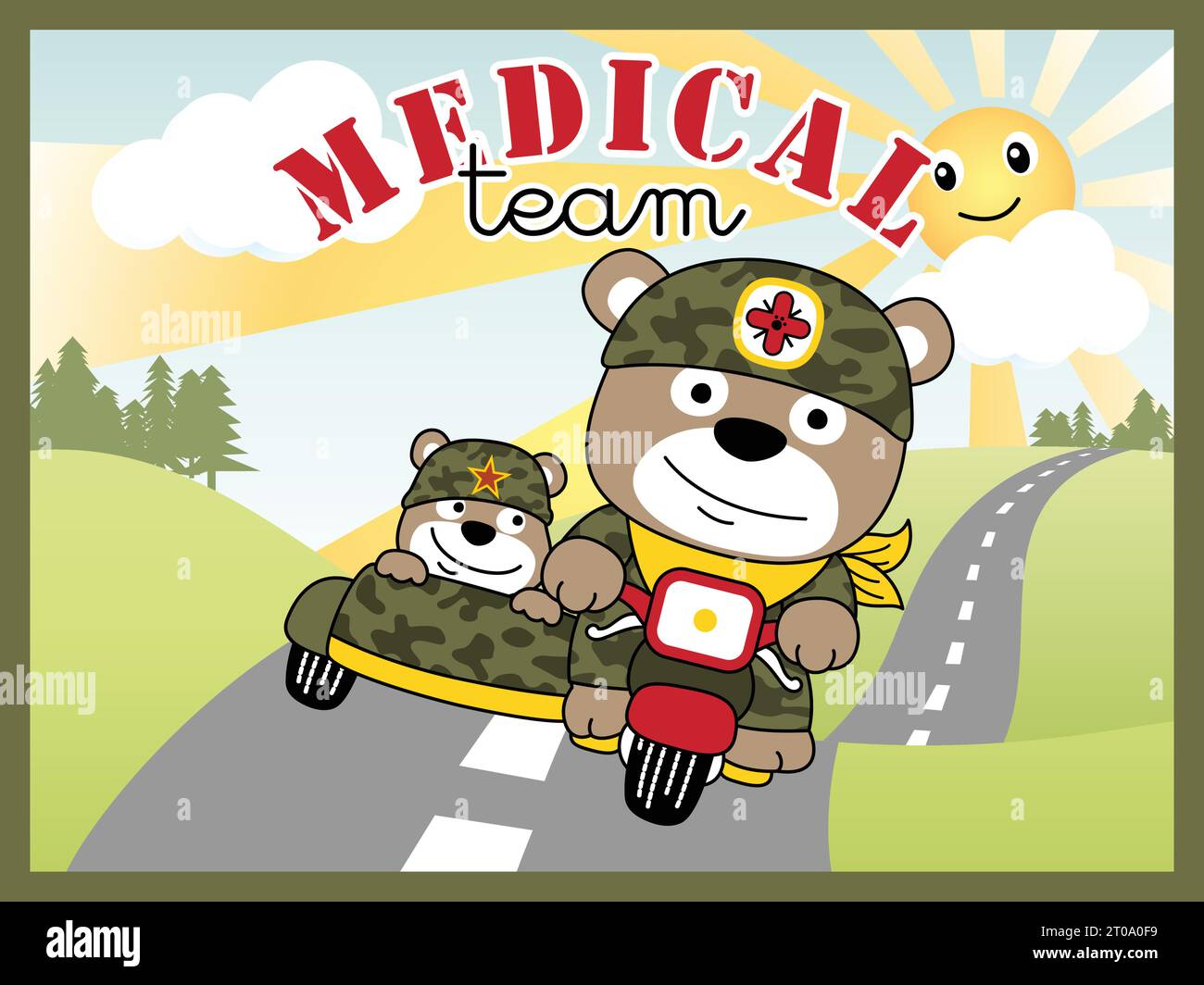 soldat d'ours drôle sur la moto militaire avec sidecar. Équipe médicale sur fond de paysage Illustration de Vecteur