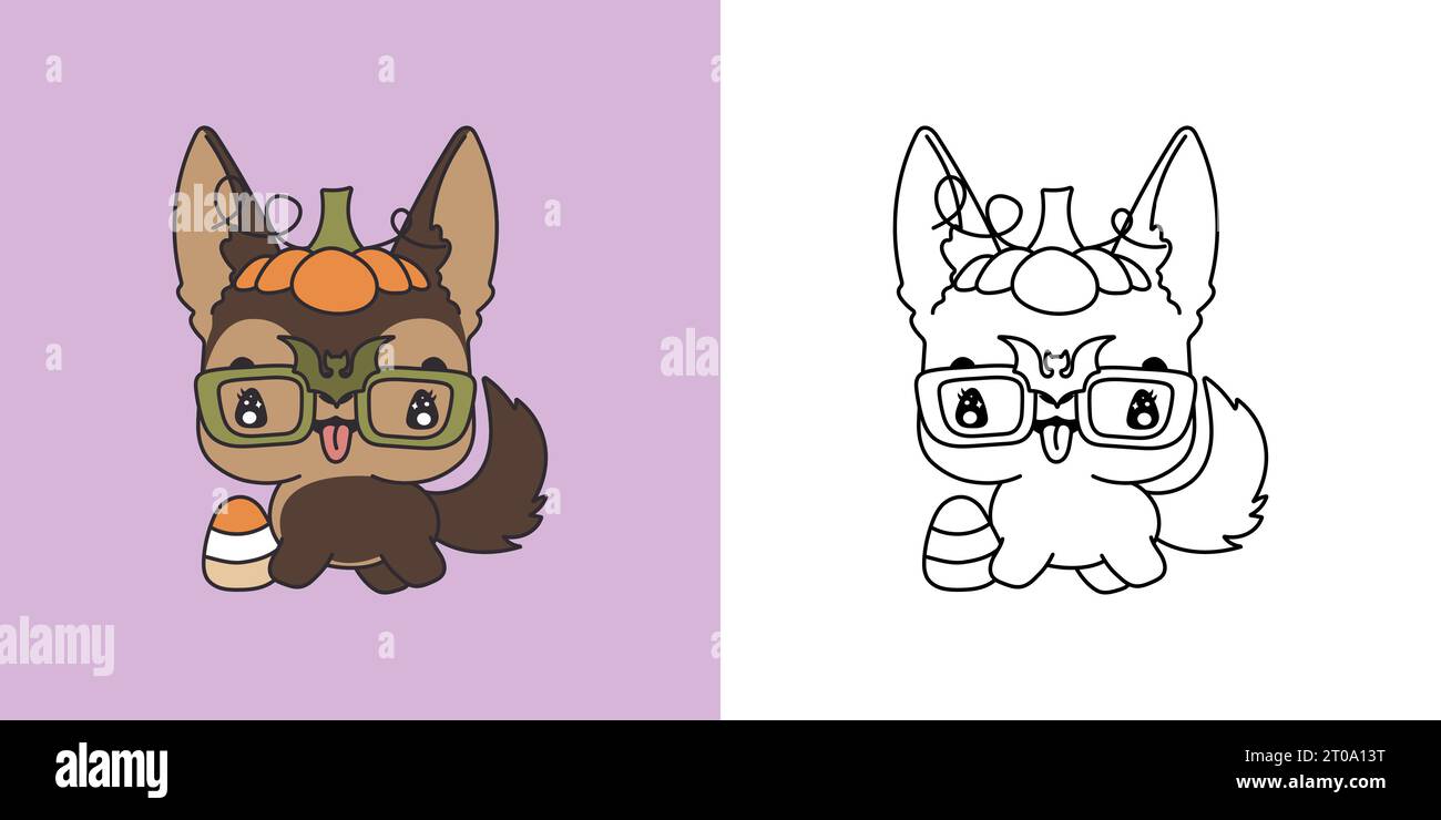 Dessin animé Halloween chien berger allemand pour la page à colorier et l'illustration. Art Halloween Puppy. Illustration de Vecteur