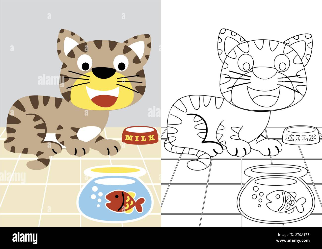 dessin animé vectoriel de chat avec du poisson dans des pots, livre de coloriage ou page Illustration de Vecteur