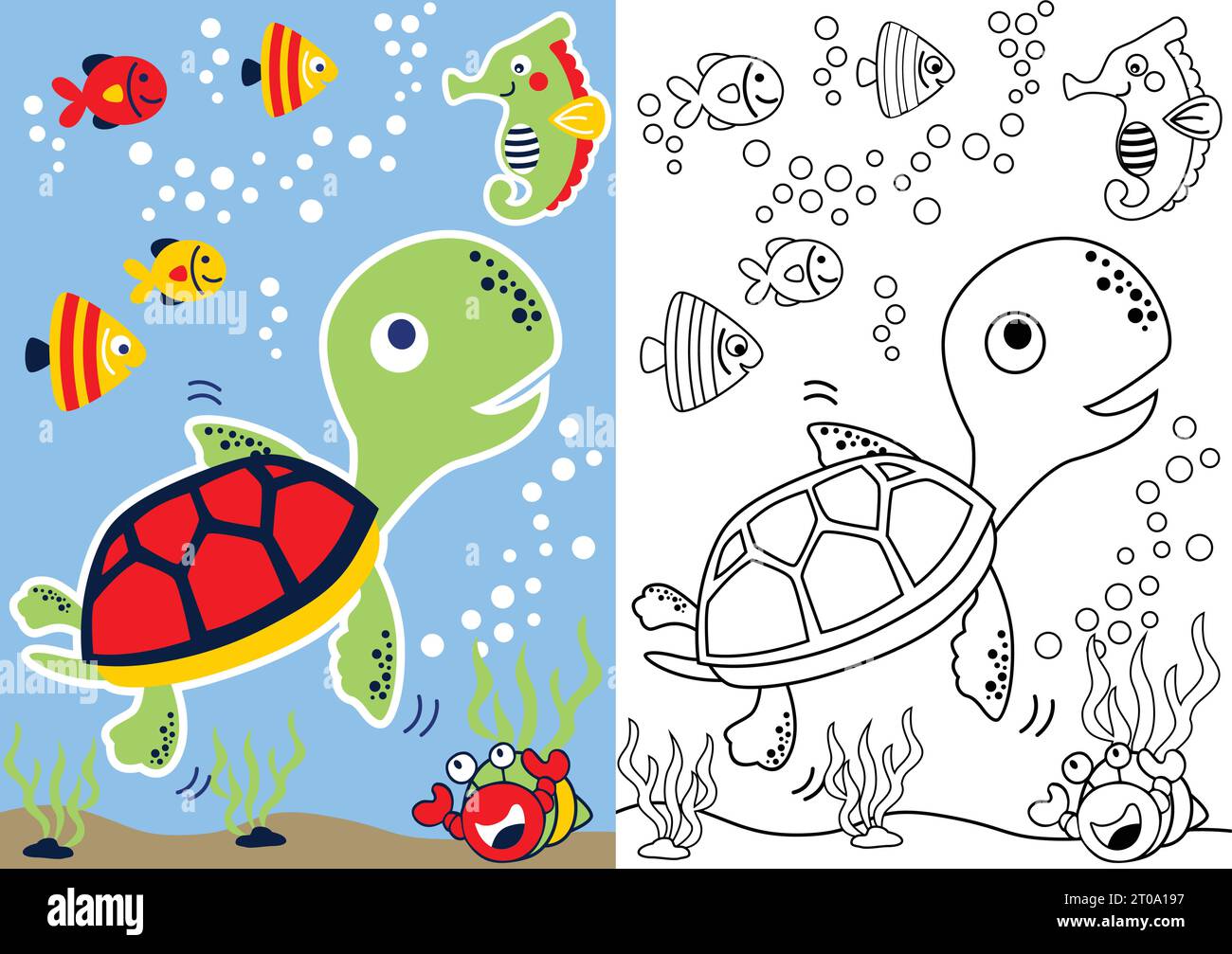 dessin animé vectoriel de tortue et d'amis sous l'eau, livre de coloriage ou page Illustration de Vecteur