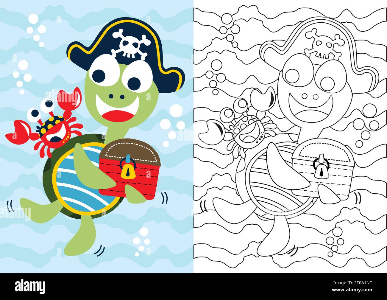 dessin animé vectoriel de crabe avec tortue portant chapeau de pirates tenant coffre au trésor, livre de coloriage ou page Illustration de Vecteur