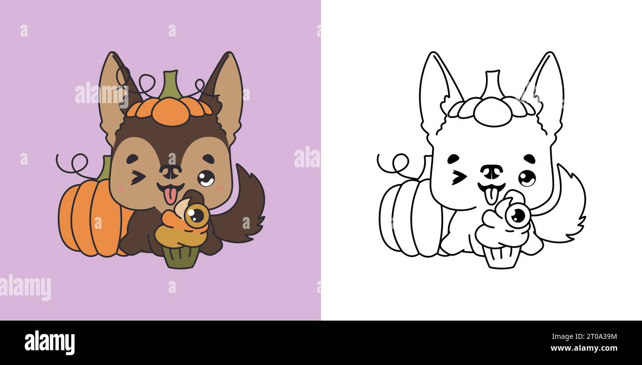 Mignon Halloween German Shepherd Dog Illustration et pour Coloriage page. Chien d'Halloween d'art de dessin animé. Illustration de Vecteur