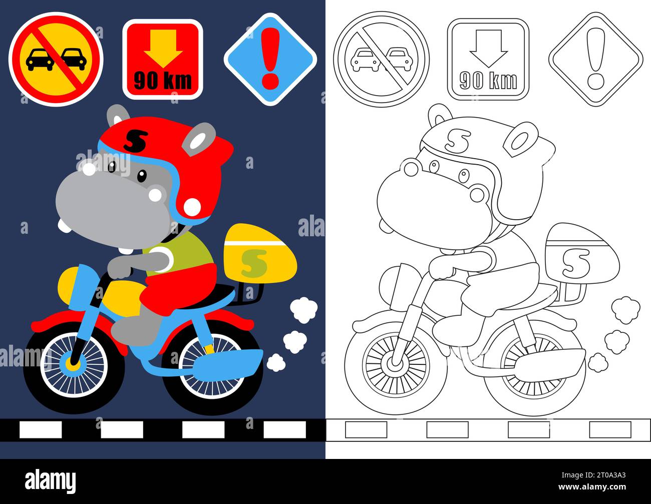dessin animé vectoriel de moto hippopotame avec panneaux de signalisation, livre de coloriage ou page Illustration de Vecteur