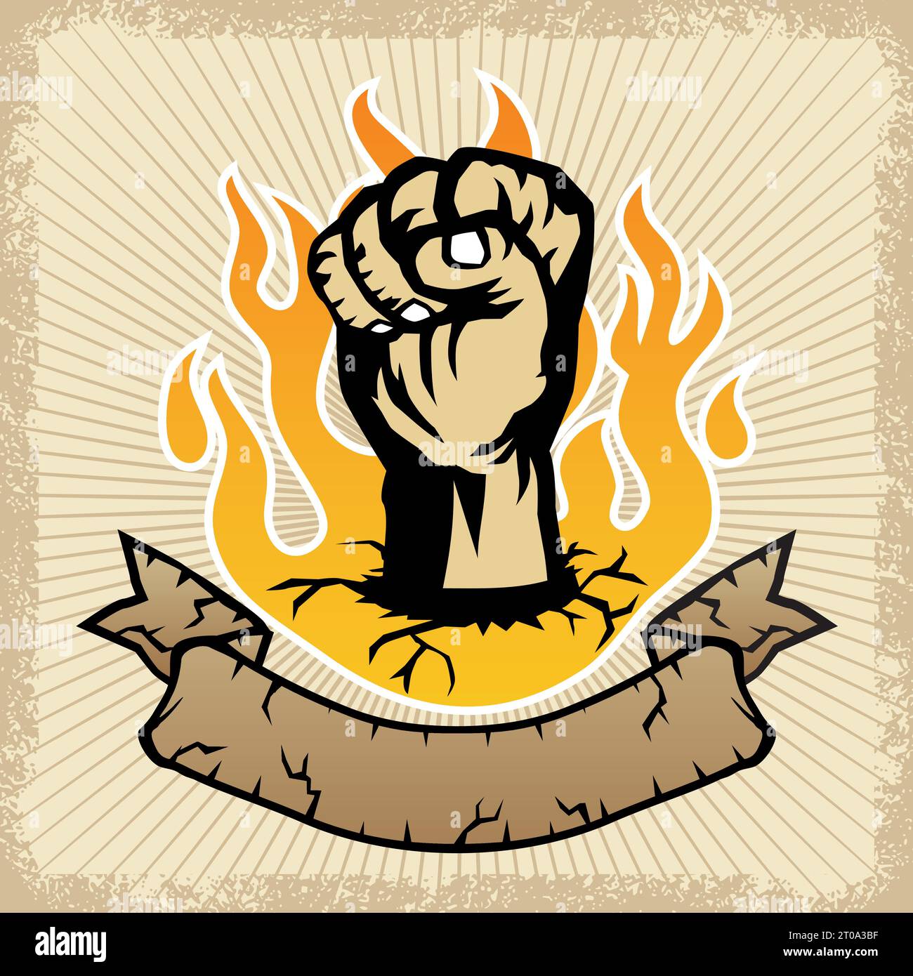 illustration vectorielle de poing et ruban sur fond de flamme dans la bordure de cadre grunge Illustration de Vecteur