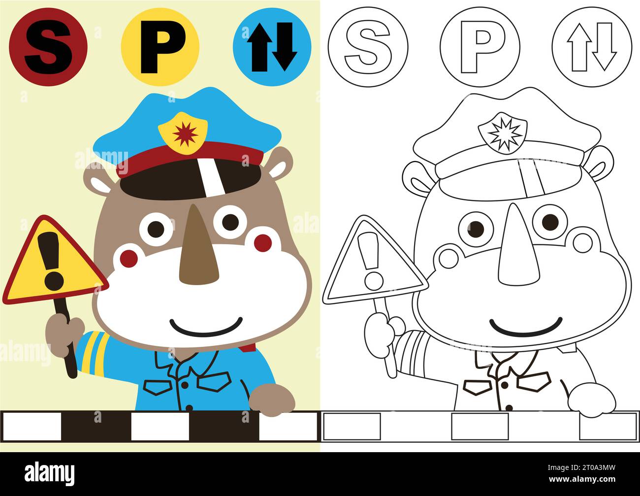 dessin animé vectoriel de rhinocéros mignon en uniforme de flic de trafic avec panneau routier, livre de coloriage ou page Illustration de Vecteur