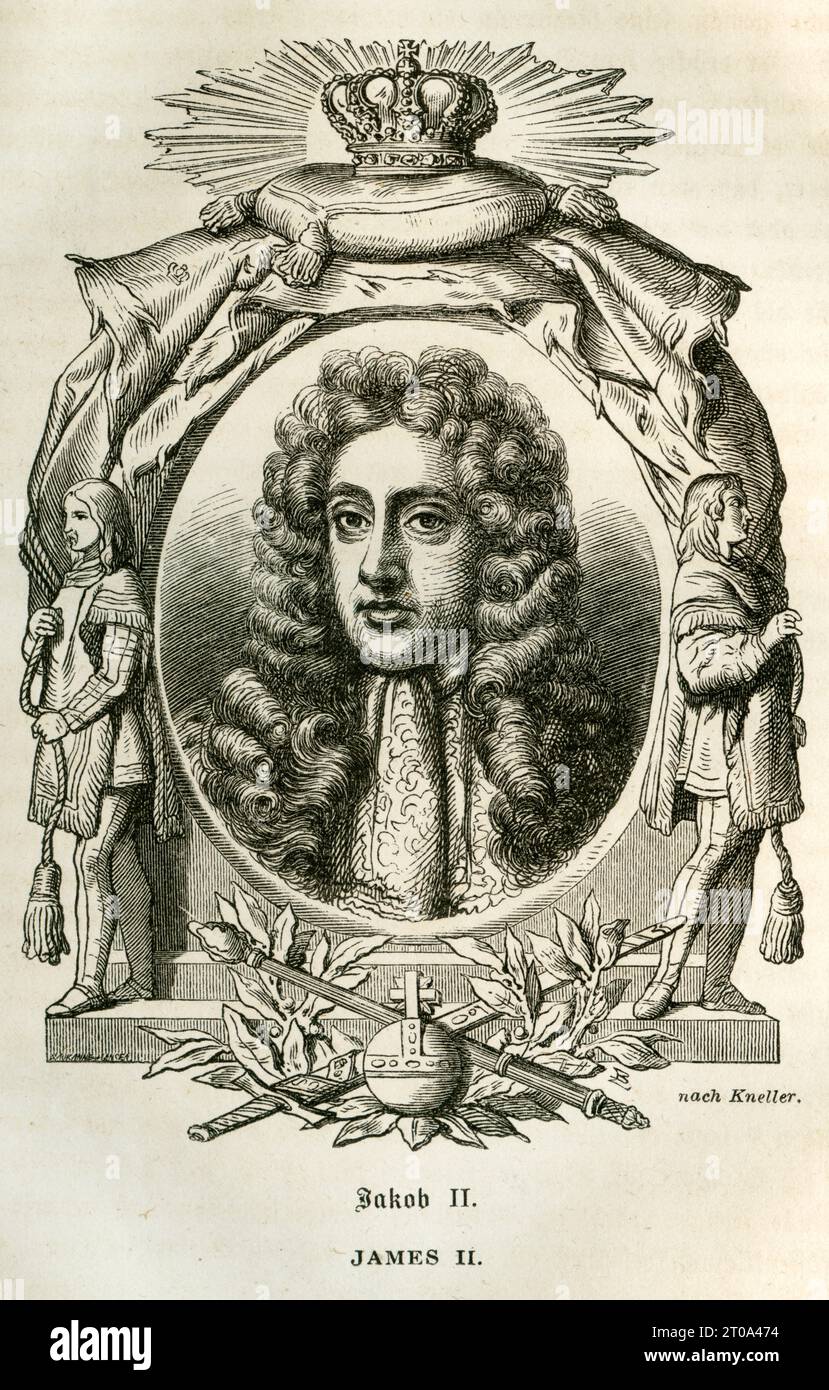 Europa, Großbritannien, Londres, König James II , Stahlstich aus ' Geschichte von England ' ( 2. Band ) von Thomas Babington Macaulay , übersetzt von Wilhelm Beseler , Druck und Verlag von George Westermann, Braunschweig, 1863 . / Europe, Grande-Bretagne, Londres, roi Jacques II, gravure sur acier de ' l'histoire de l'Angleterre ' (second tome) de Thomas Babington Macaulay , traduction allemande de Wilhelm Beseler , maison d'édition George Westermann, Braunschweig, 1863 . Banque D'Images